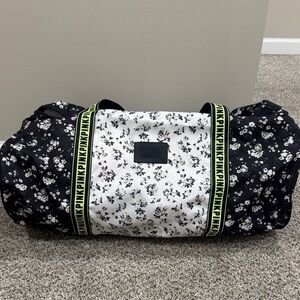 PINK Victoria's Secret Black & White Floral Duffle with Neon Yellow Trim